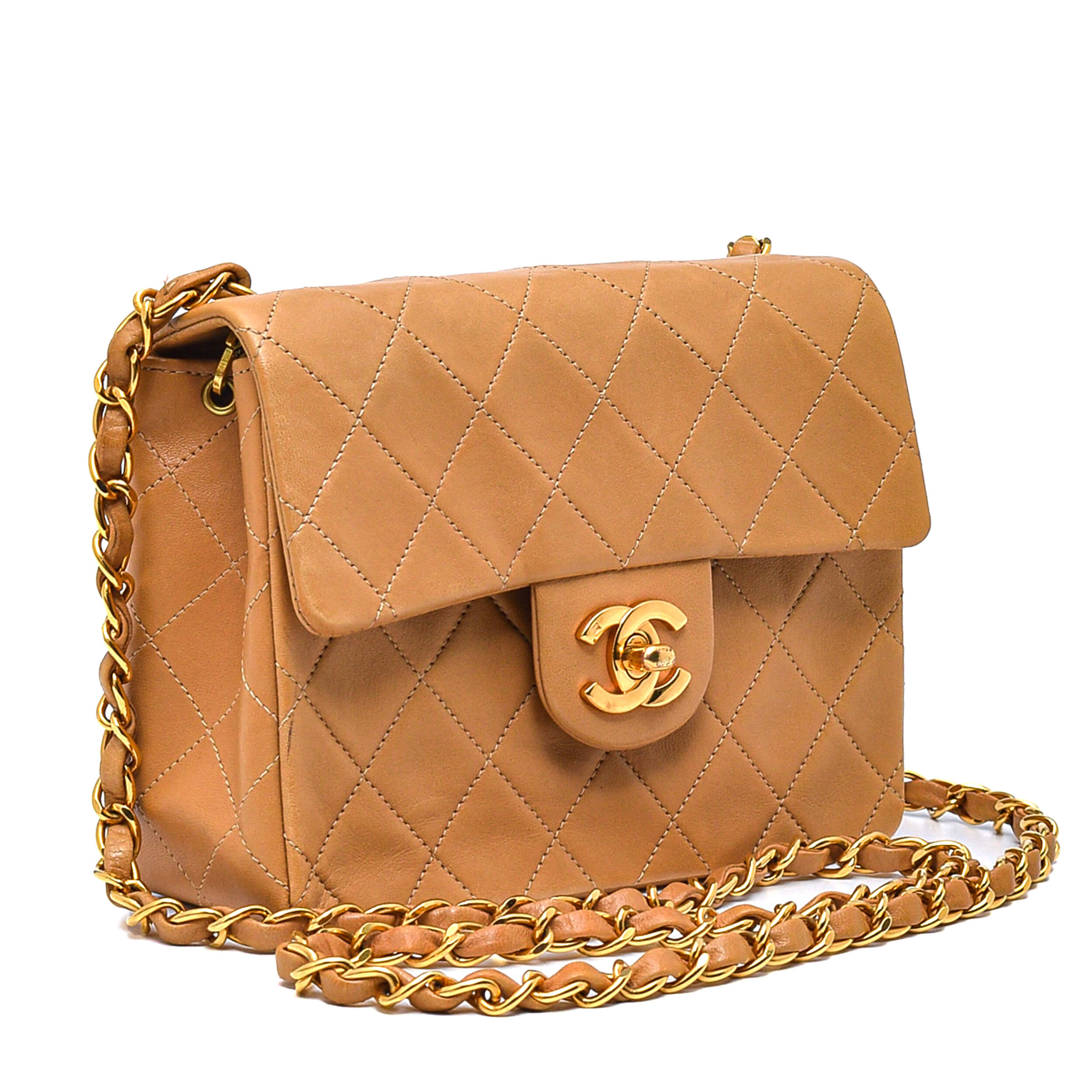 Chanel - Beige Quilted Lambskin Leather Square Vintage Flap Bag